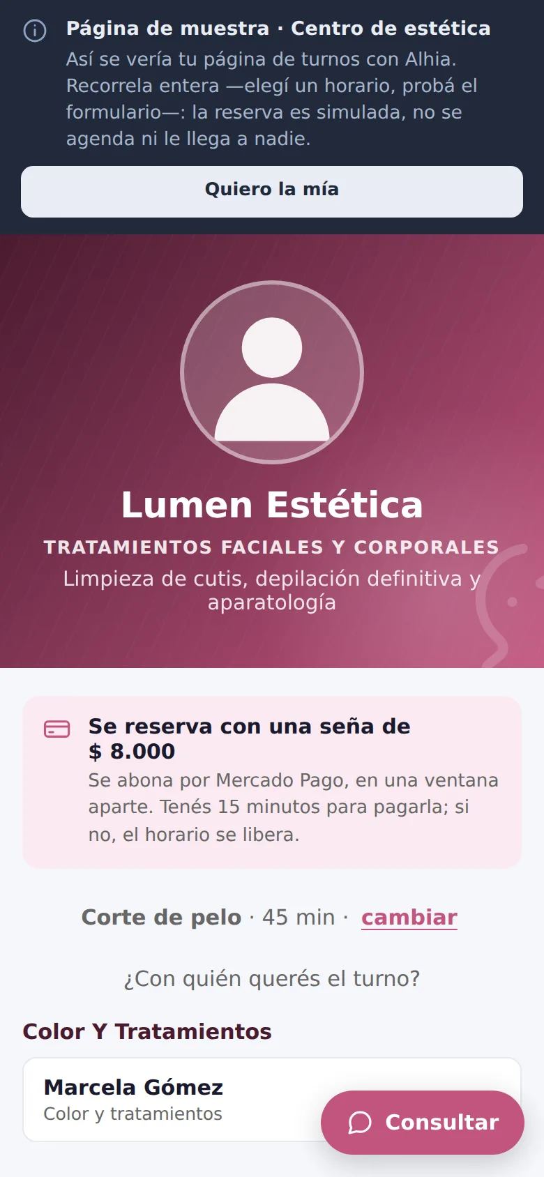 Página de reservas de muestra en tuagenda.ar, vista en un teléfono